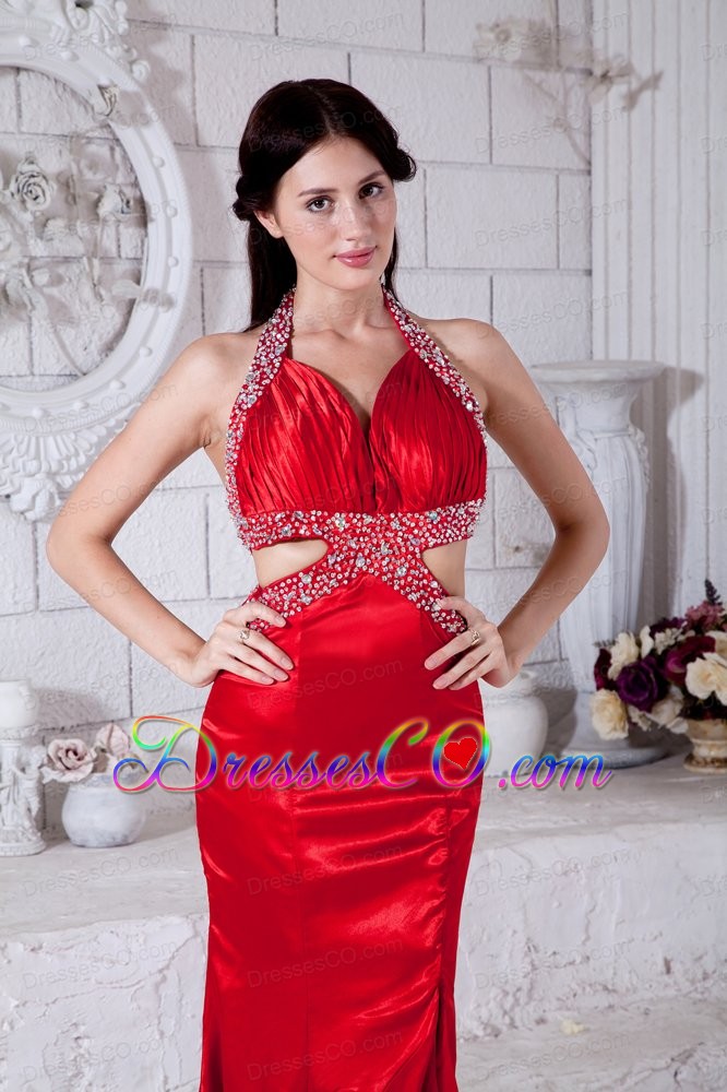 Sexy Red Mermaid Prom / Evening Dress Halter Brush Train Taffeta Beading