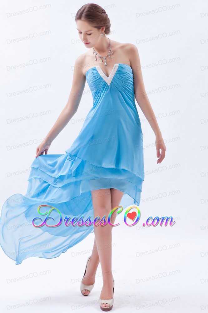 Baby Blue A-line / Princess V-neck Prom Dress High-low Chiffon Beading