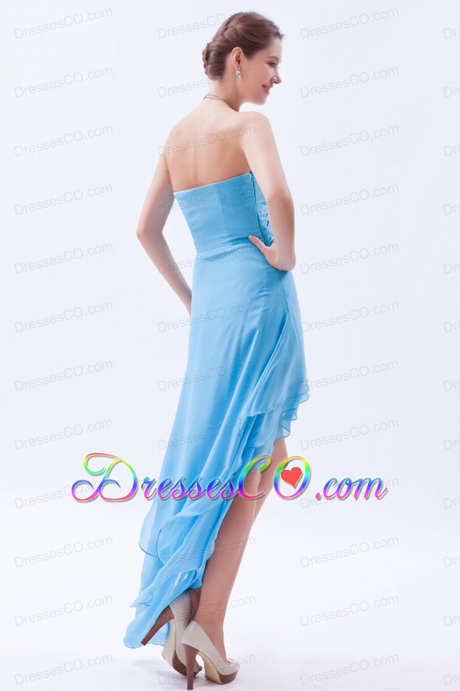 Baby Blue A-line / Princess V-neck Prom Dress High-low Chiffon Beading