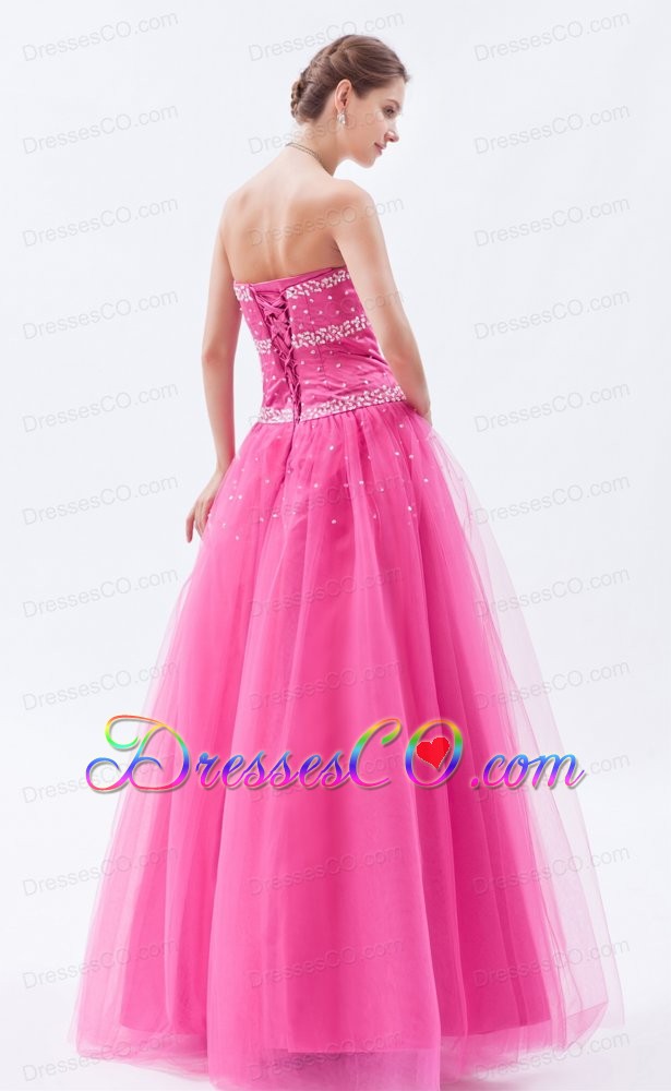Hot Pink A-line / Princess Prom Dress Tulle Beading Long