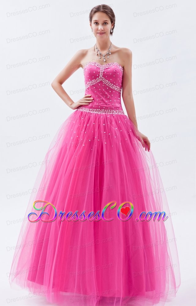 Hot Pink A-line / Princess Prom Dress Tulle Beading Long