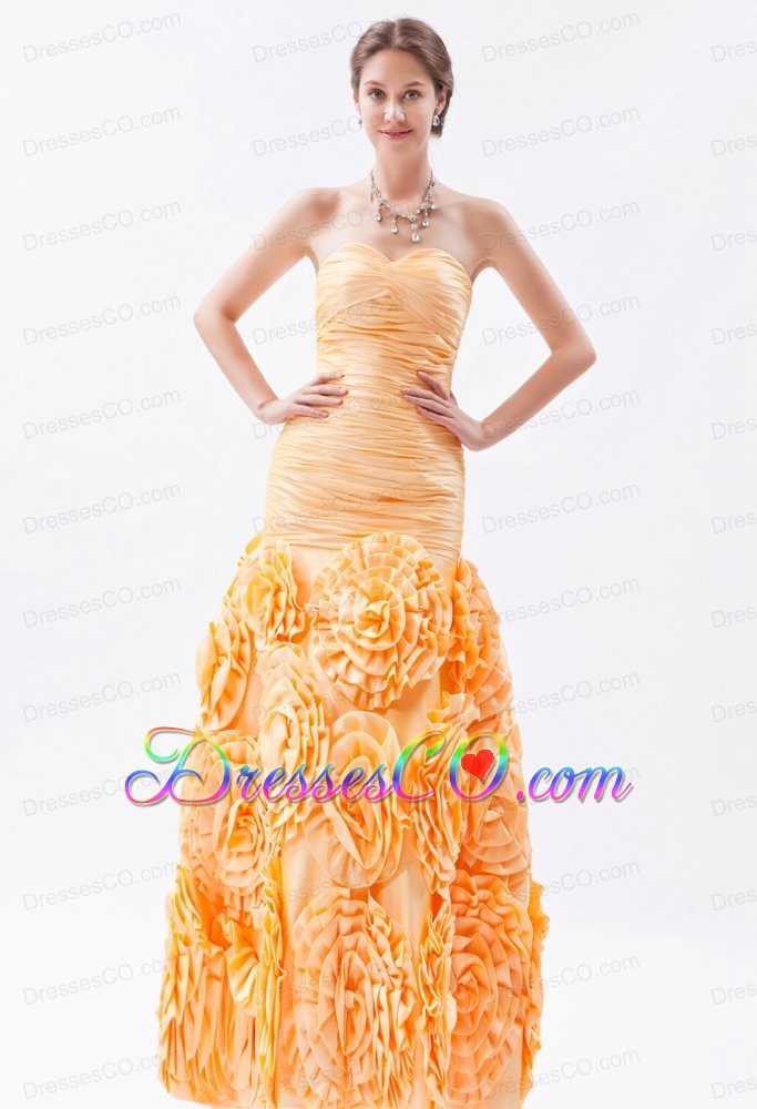 Orange Mermaid Ruched Prom Dress Long Fabric With Rolling Flower