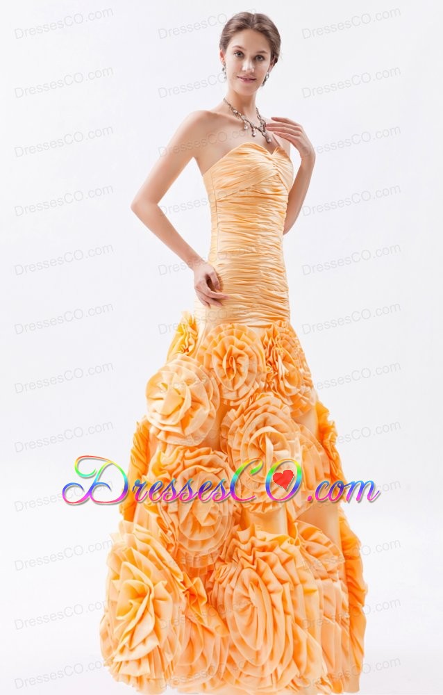 Orange Mermaid Ruched Prom Dress Long Fabric With Rolling Flower