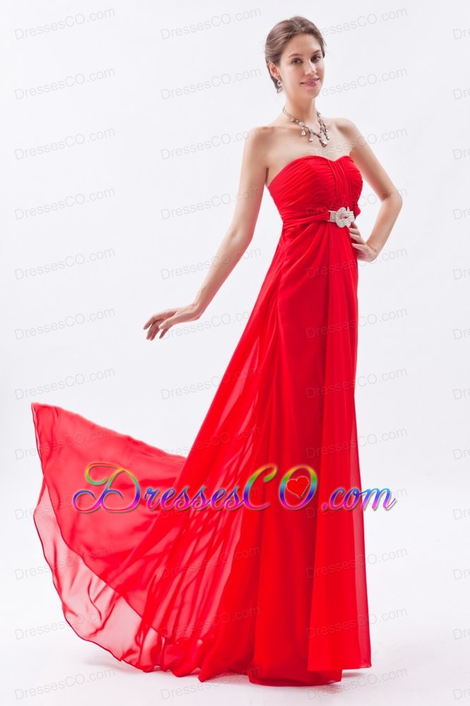Red Empire Strapless Prom Dress Chiffon Beading Brush Train