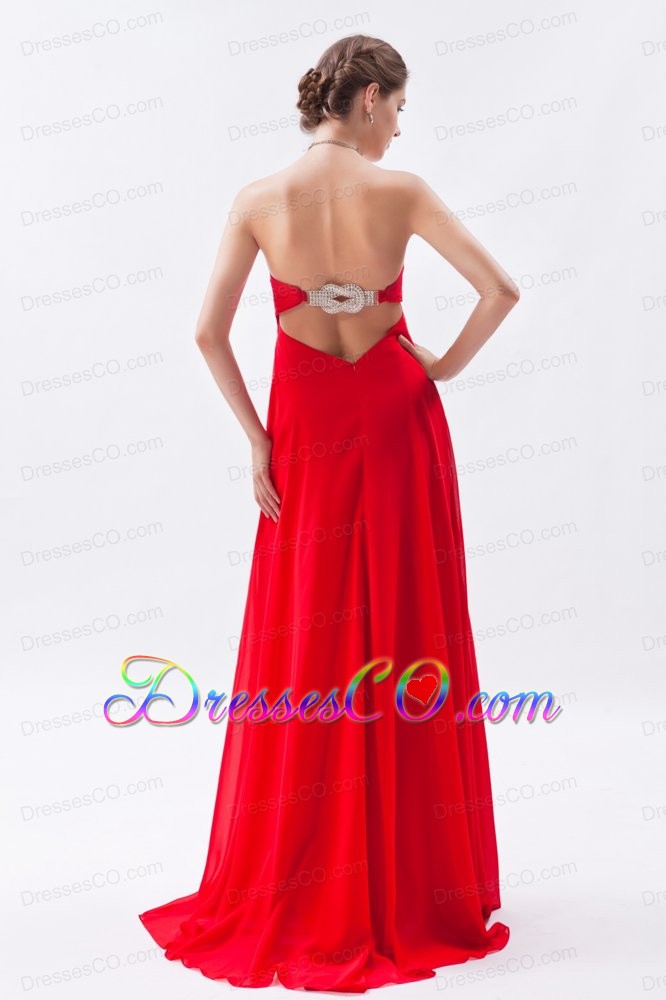 Red Empire Strapless Prom Dress Chiffon Beading Brush Train