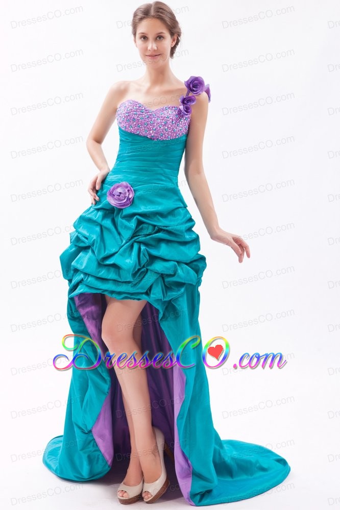 Turquoise and Lavender A-line One Shoulder Prom Dress High-low Taffeta Beading and Hand Made Flowers