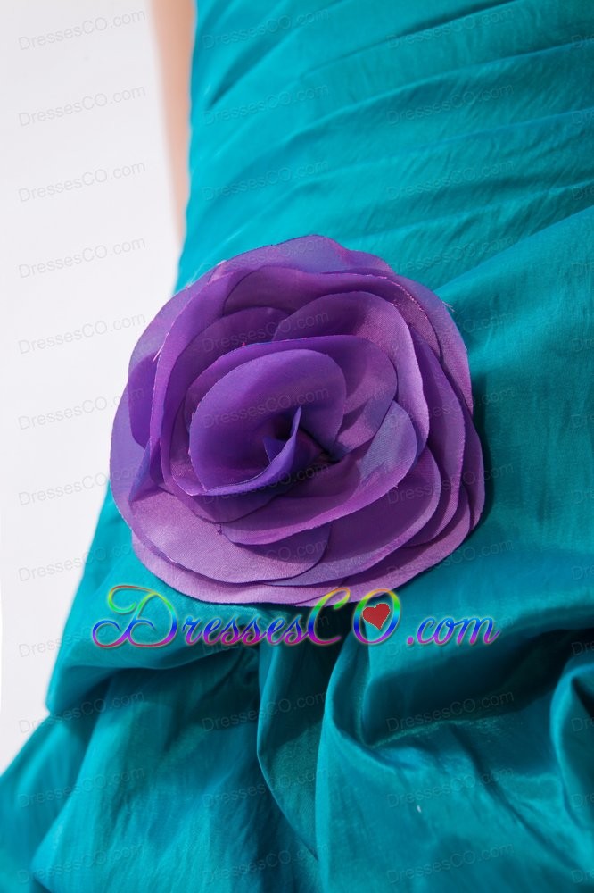 Turquoise and Lavender A-line One Shoulder Prom Dress High-low Taffeta Beading and Hand Made Flowers