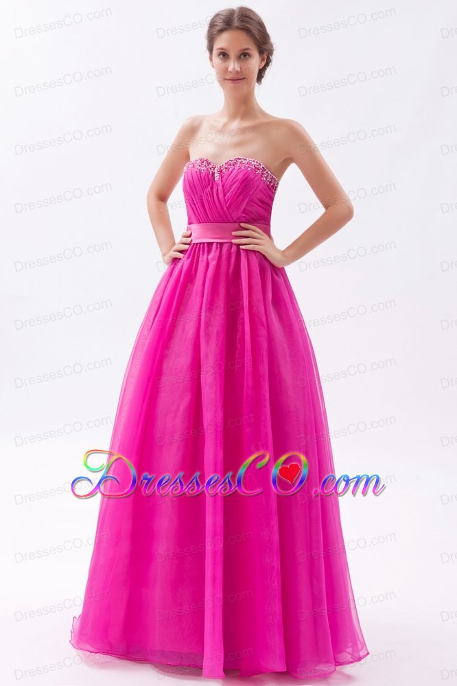 Hot Pink A-line Prom Dress Tulle Beading Long