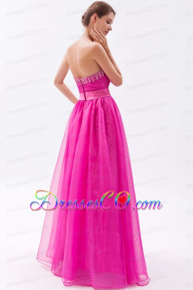 Hot Pink A-line Prom Dress Tulle Beading Long