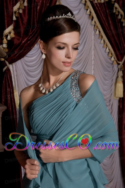 Luxurious Baby Blue Empire Prom / Evening Dress One Shoulder Chiffon Beading Brush Train