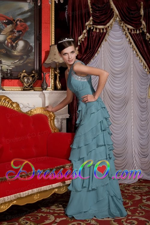 Luxurious Baby Blue Empire Prom / Evening Dress One Shoulder Chiffon Beading Brush Train