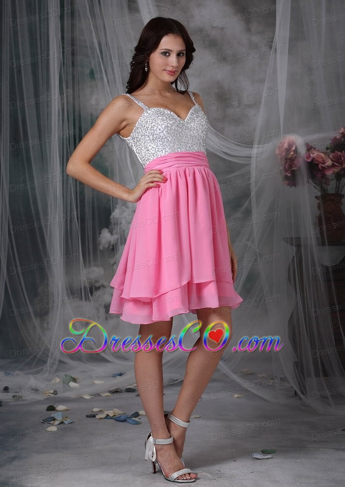 Pink And White Column Straps Mini-length Chiffon Beading Prom Dress
