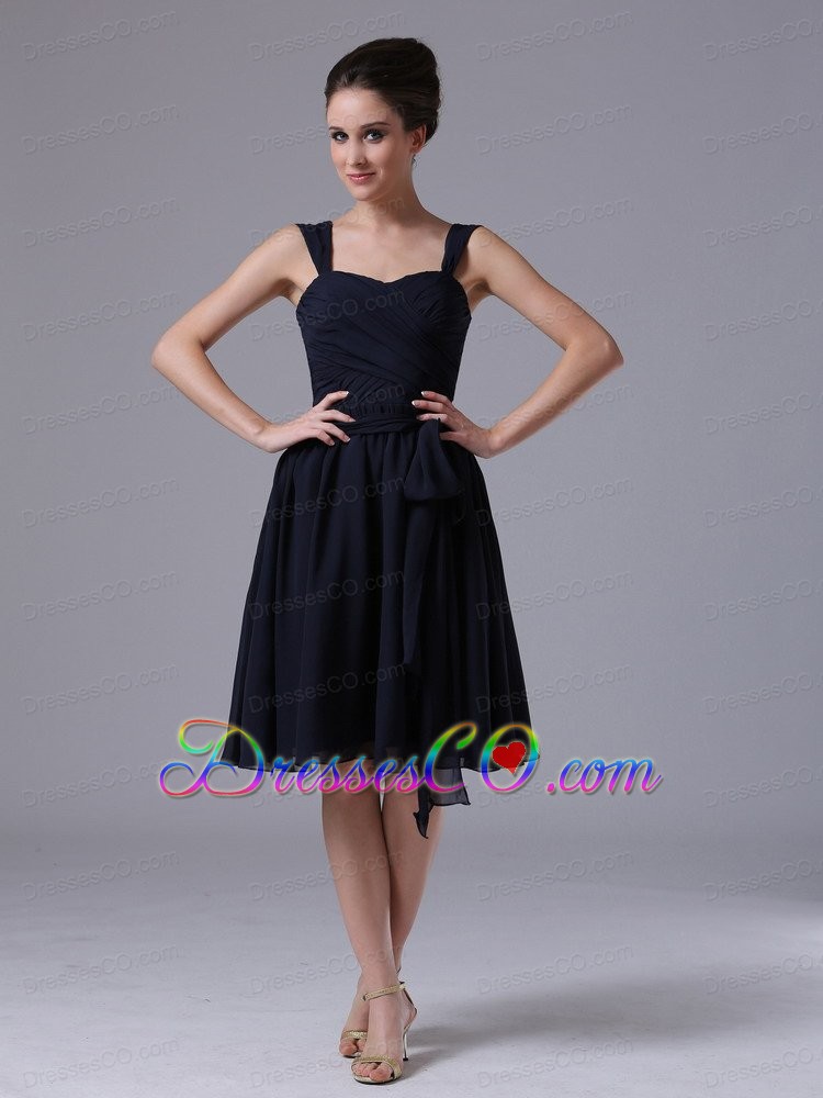 A-line Navy Blue Straps Chiffon Knee-length Prom Dress Ruched