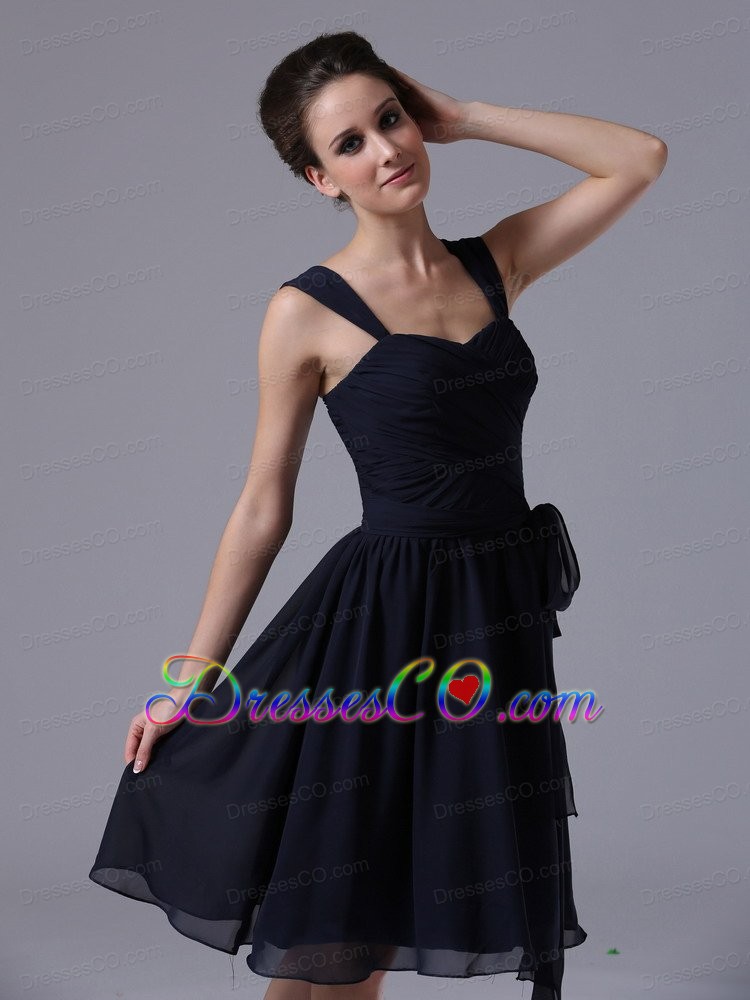 A-line Navy Blue Straps Chiffon Knee-length Prom Dress Ruched