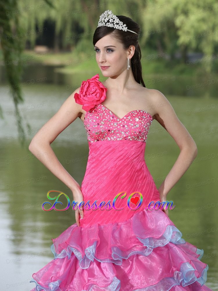 Hand Made Flower Decorate One Shoulder Beaded Decorate Bust Lovely Style For Prom / Evening Dress