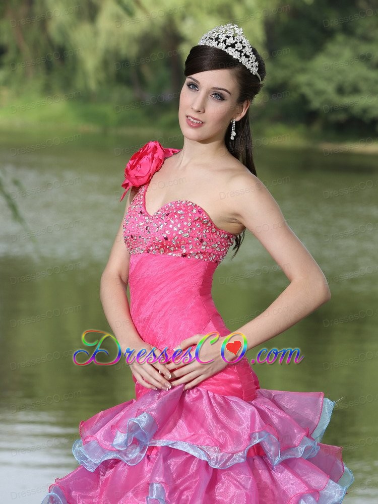 Hand Made Flower Decorate One Shoulder Beaded Decorate Bust Lovely Style For Prom / Evening Dress