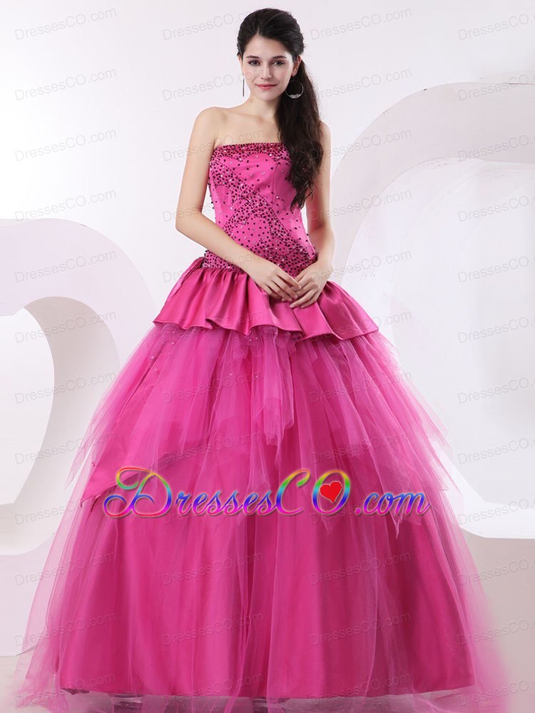 A-line Hot Pink Prom Dress With Beading And Long