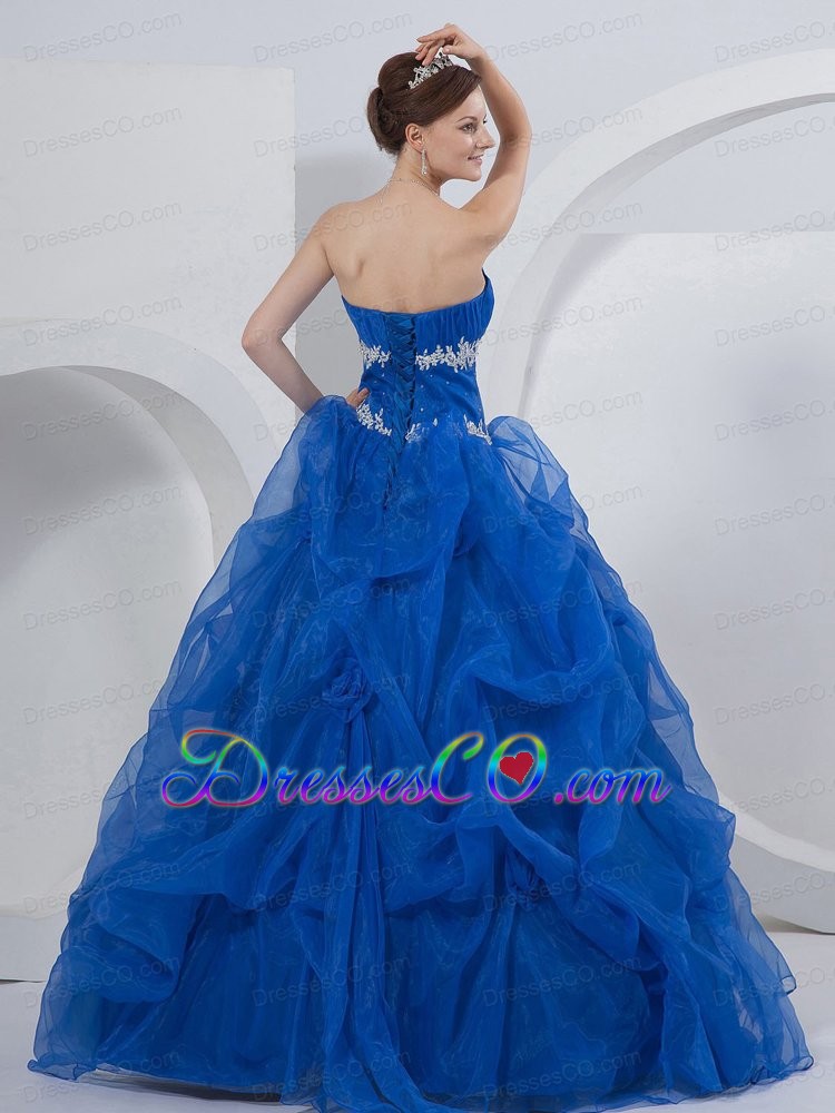 Ball Gown Strapless Long Quinceanera Dress Royal Blue Organza Beading And Hand Made Flowers