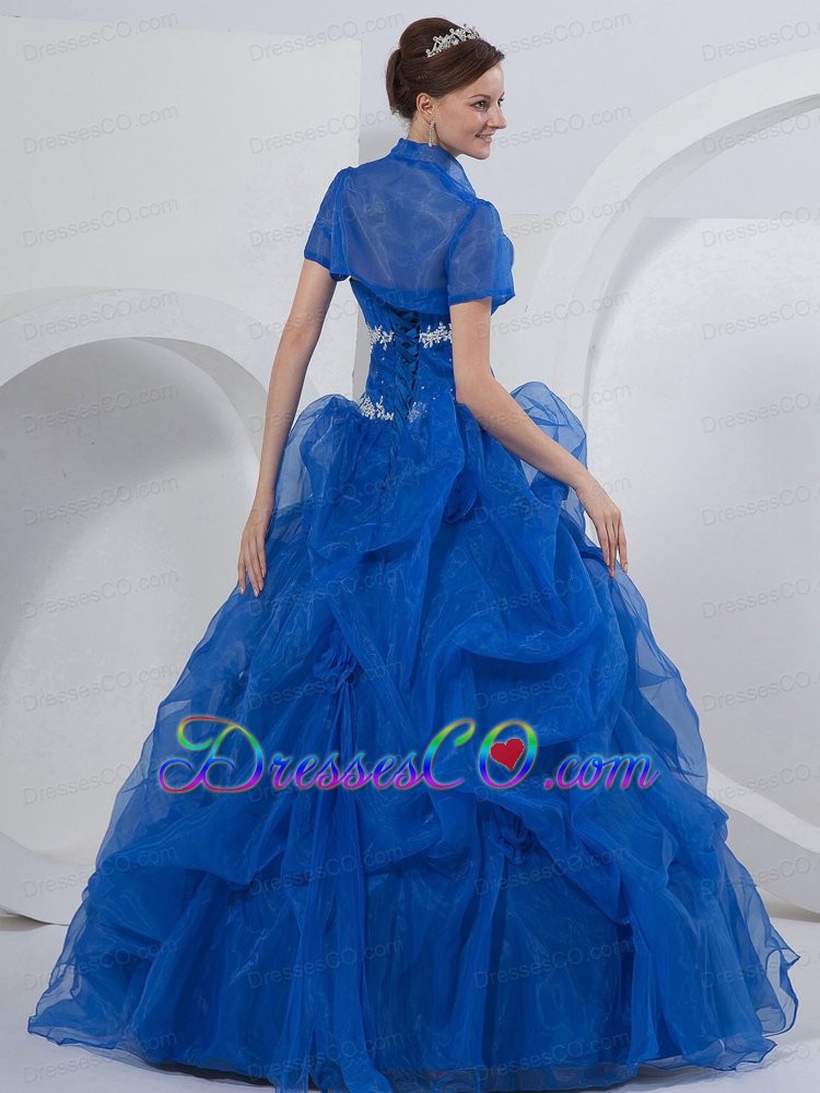 Ball Gown Strapless Long Quinceanera Dress Royal Blue Organza Beading And Hand Made Flowers