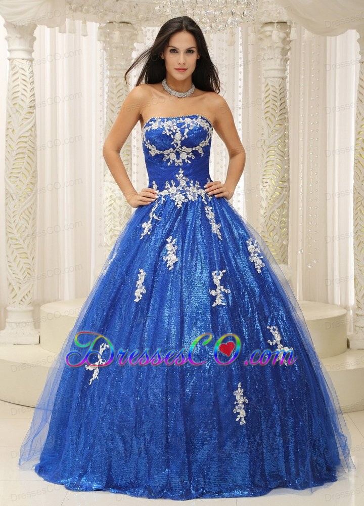 Royal Blue A-line Pron Dress With Appliques Paillette Over Skirt Tulle