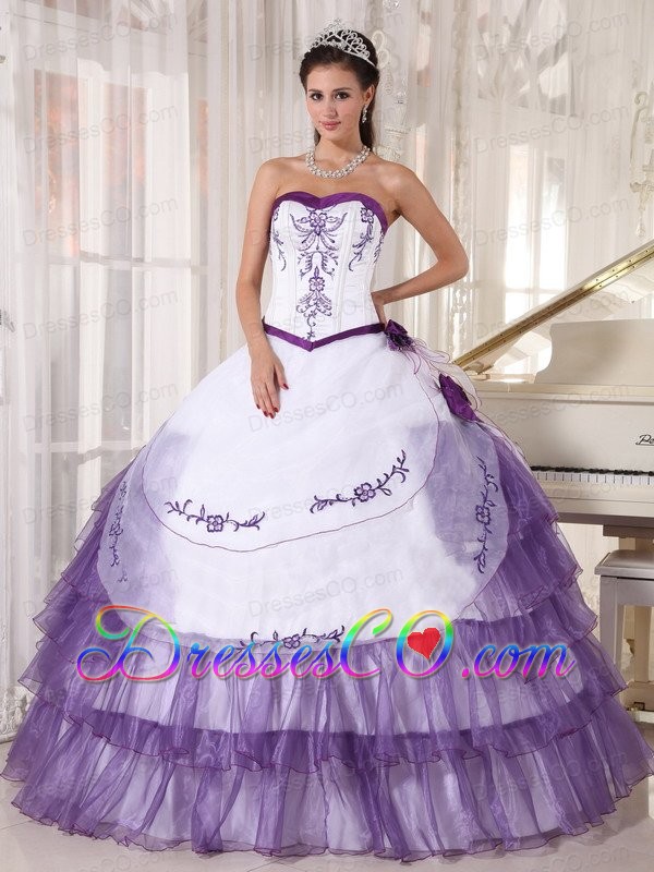 White And Purple Ball Gown Long Satin And Organza Embroidery Quinceanera Dress
