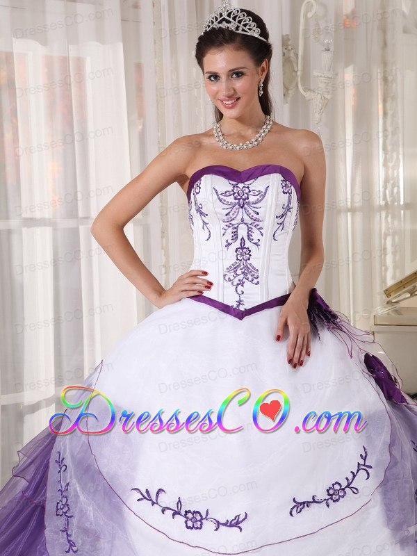 White And Purple Ball Gown Long Satin And Organza Embroidery Quinceanera Dress