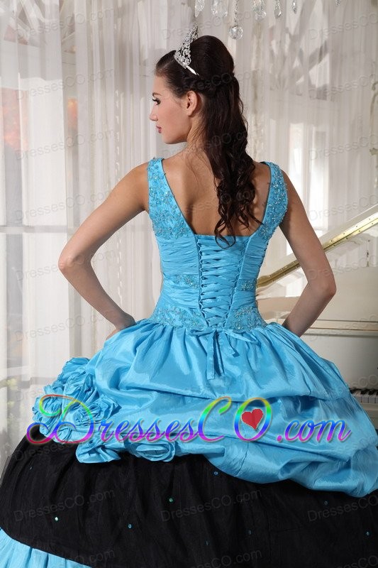 Light Blue And Black Ball Gown V-neck Long Taffeta Beading Quinceanera Dress