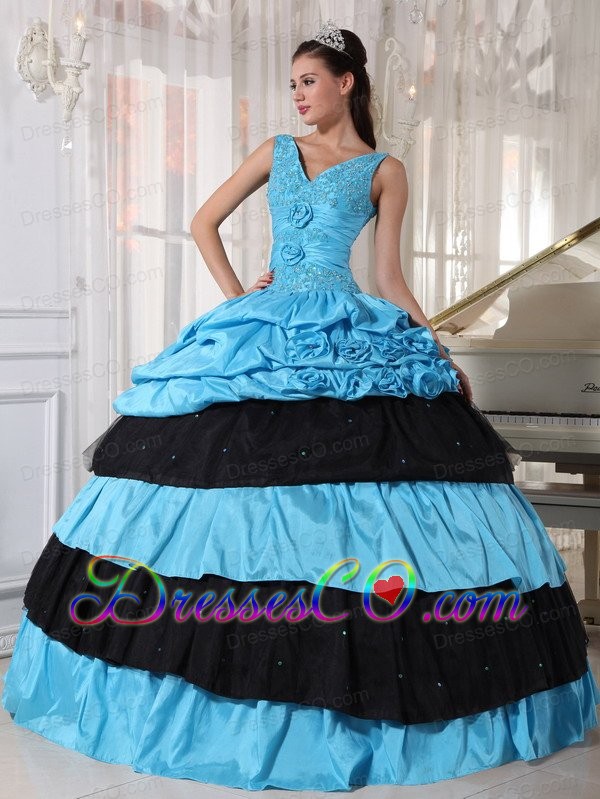 Light Blue And Black Ball Gown V-neck Long Taffeta Beading Quinceanera Dress