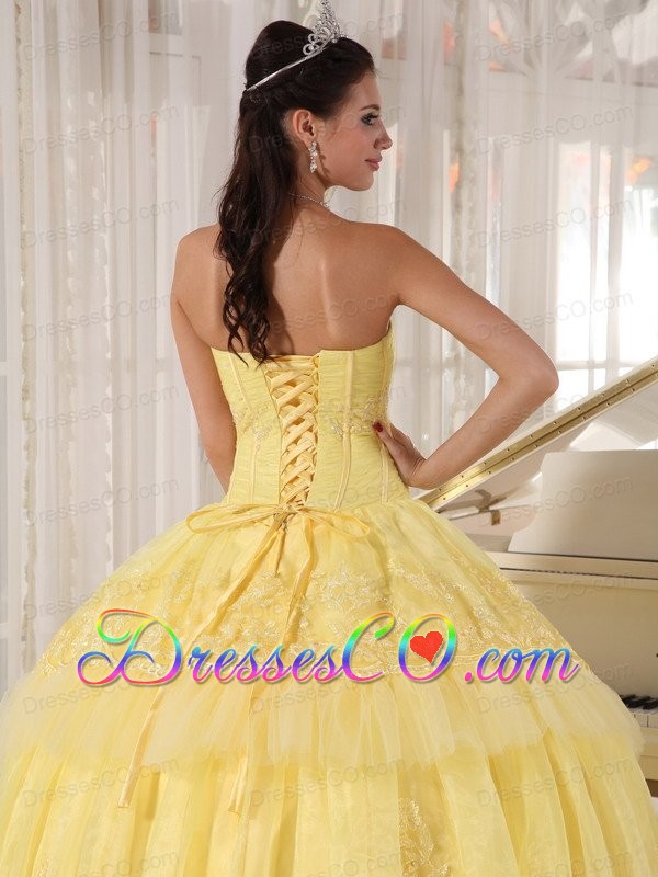 Yellow Ball Gown Long Organza Appliques Quinceanera Dress