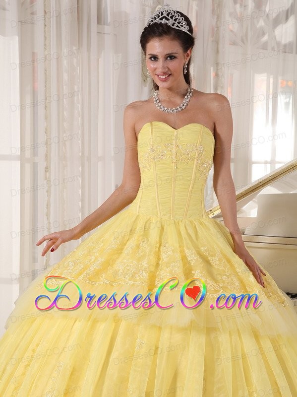 Yellow Ball Gown Long Organza Appliques Quinceanera Dress