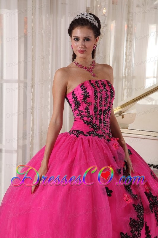 Hot Pink Ball Gown Strapless Long Appliques Quinceanera Dress