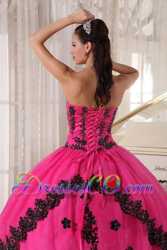 Hot Pink Ball Gown Strapless Long Appliques Quinceanera Dress