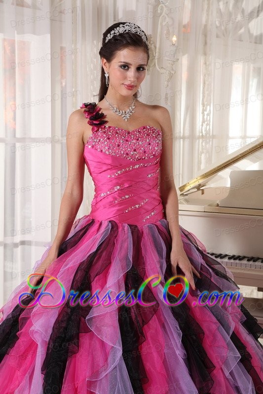 Multi-colored Ball Gown One Shoulder Long Organza Beading And Ruffles Quinceanera Dress