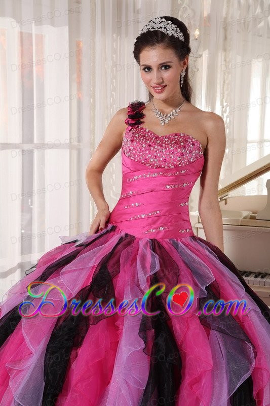 Multi-colored Ball Gown One Shoulder Long Organza Beading And Ruffles Quinceanera Dress
