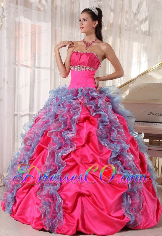Hot Pink And Aqua Blue Ball Gown Strapless Long Organza And Taffeta Beading And Ruffles Quinceanera Dress