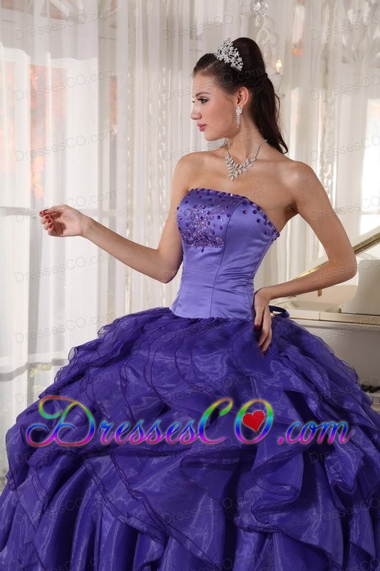 Purple Ball Gown Strapless Long Satin And Organza Beading Quinceanera Dress