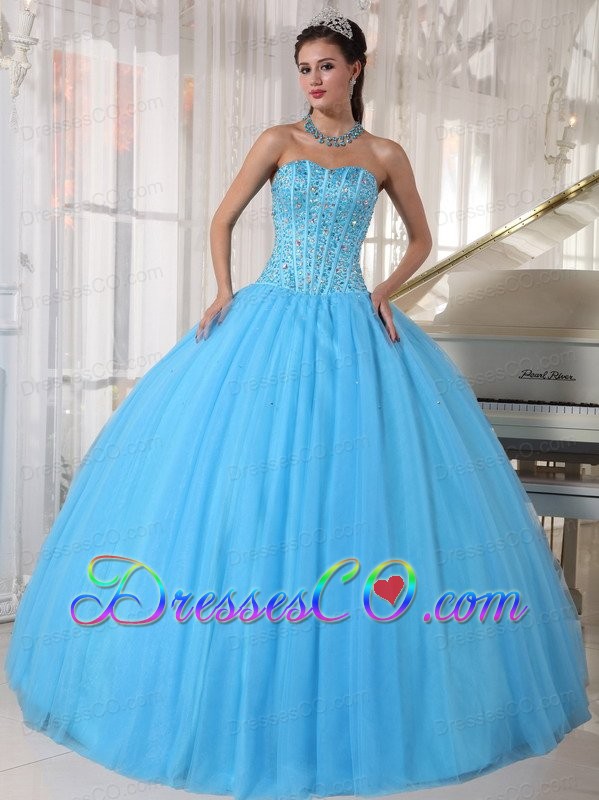 Sky Blue Ball Gown Long Tulle Beading Quinceanera Dress