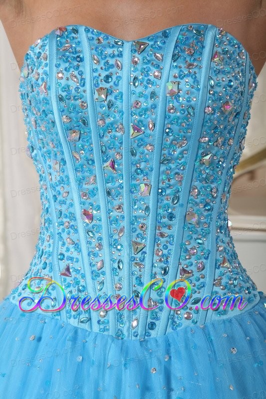 Sky Blue Ball Gown Long Tulle Beading Quinceanera Dress