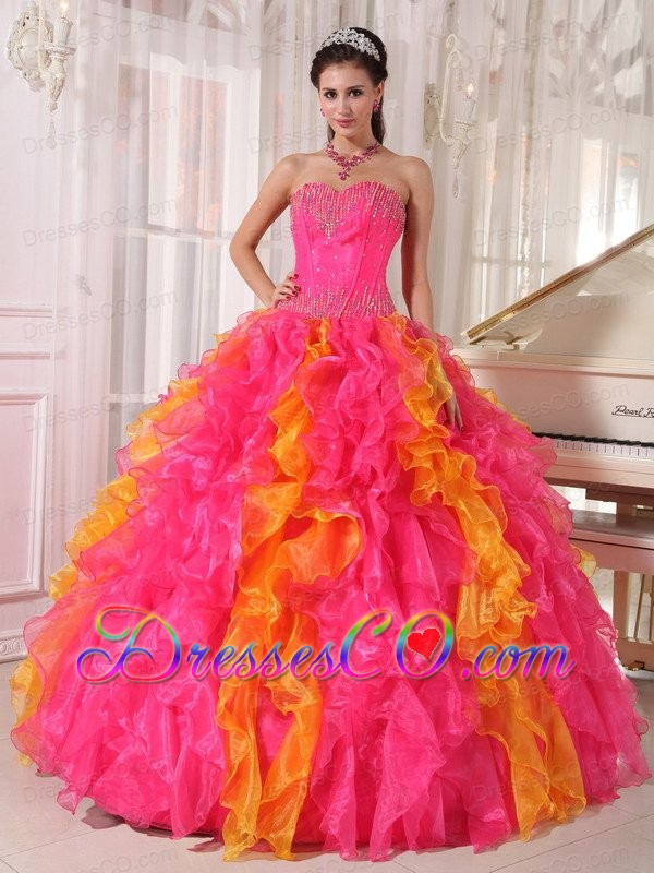 Hot Pink And Orange Ball Gown Long Organza Sequins Quinceanera Dress