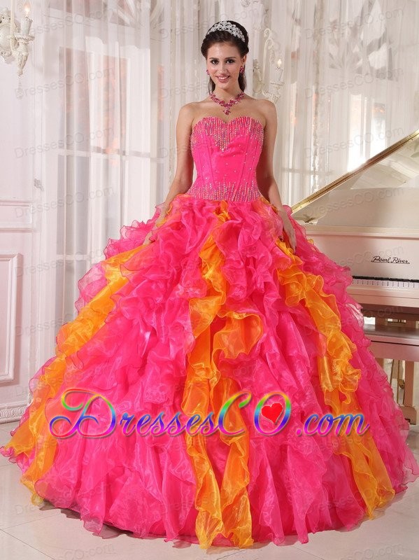 Hot Pink And Orange Ball Gown Long Organza Sequins Quinceanera Dress