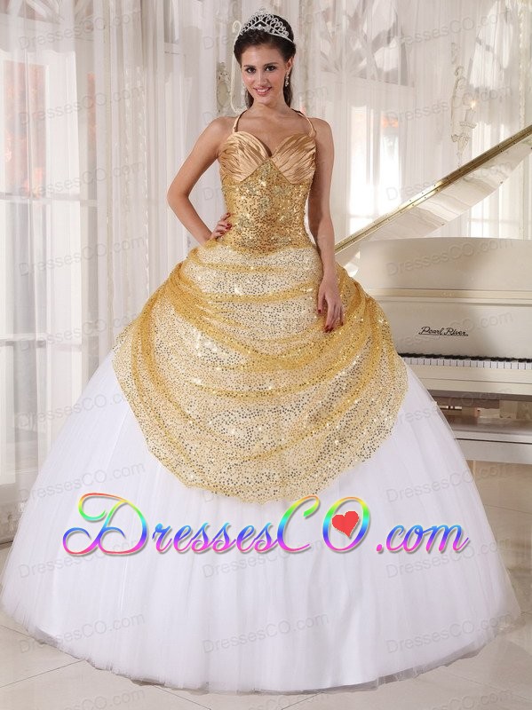 Champagne And White Ball Gown Halter Long Tulle And Sequin Appliques Quinceanera Dress