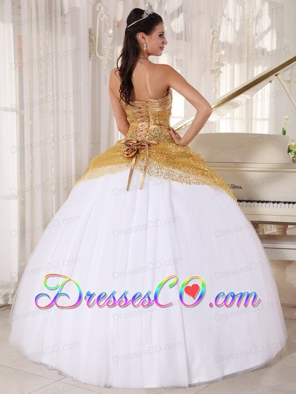 Champagne And White Ball Gown Halter Long Tulle And Sequin Appliques Quinceanera Dress