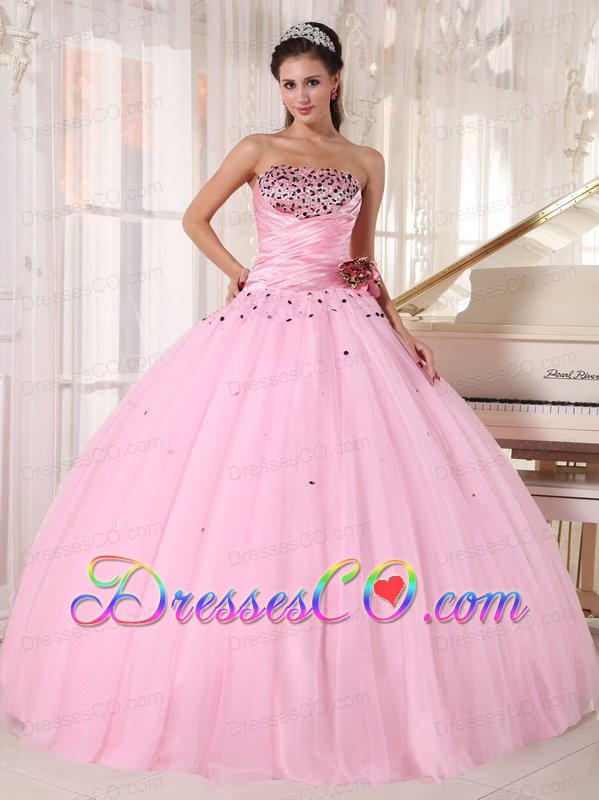 Baby Pink Ball Gown Strapless Long Tulle Beading And Ruch Quinceanera Dress