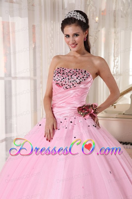 Baby Pink Ball Gown Strapless Long Tulle Beading And Ruch Quinceanera Dress
