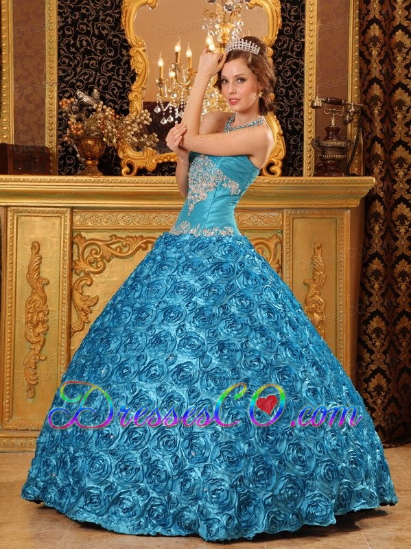 Teal Ball Gown Long Fabric With Rolling Flowers Appliques Quinceanera Dress