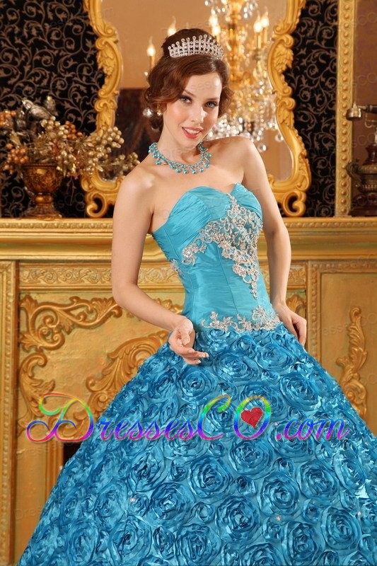 Teal Ball Gown Long Fabric With Rolling Flowers Appliques Quinceanera Dress