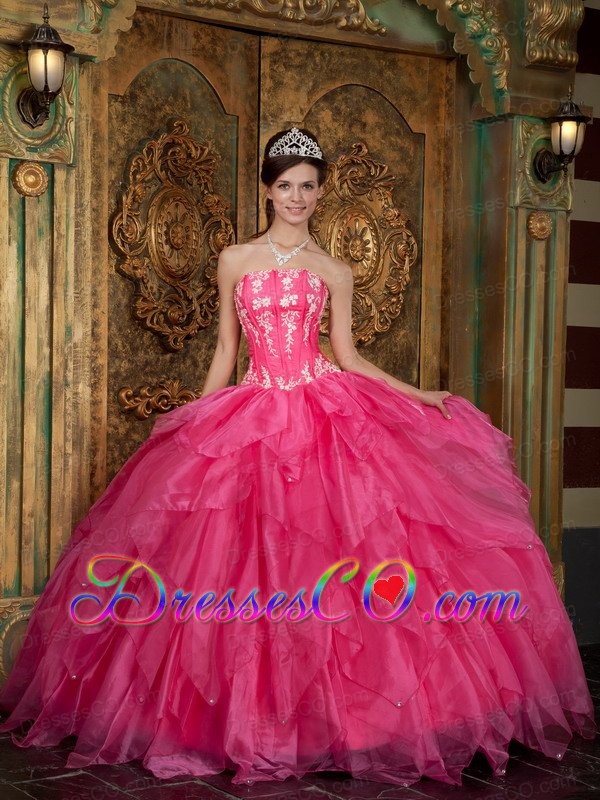 Gorgeous Ball Gown Strapless Long Appliques Organza Hot Pink Quinceanera Dress
