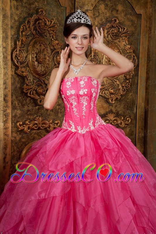 Gorgeous Ball Gown Strapless Long Appliques Organza Hot Pink Quinceanera Dress