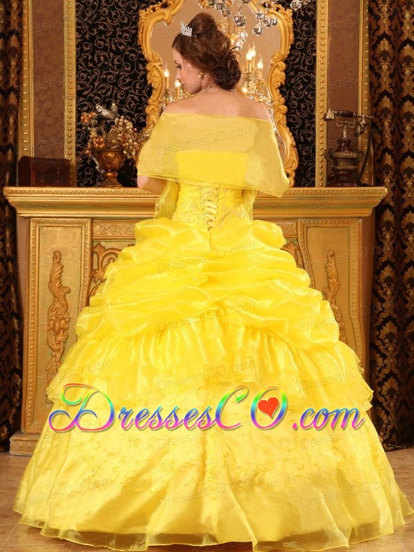 Yellow Ball Gown Strapless Long Organza Appliques Quinceanera Dress
