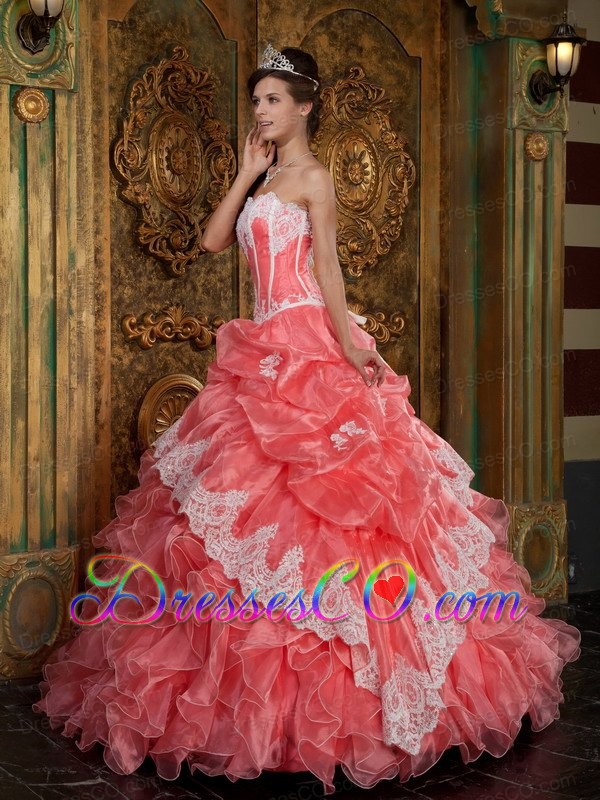 Watermelon Ball Gown Strapless Long Ruffles Organza Quinceanera Dress